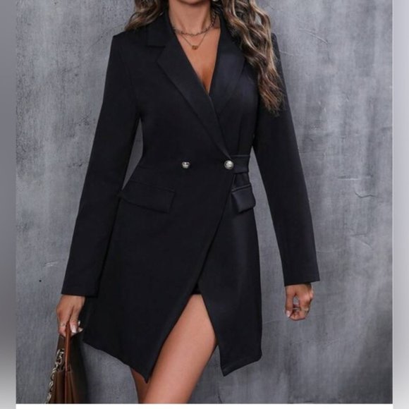 Black Lapel Neck Double Button Wrap Blazer Dress - Picture 1 of 8